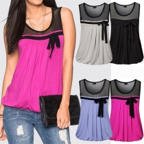Fashion Gauze Spliced Sleeveless Round Neck Contrast Color Tank Top