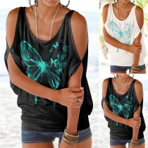 Sexy Off-shoulder Short Sleeve Round Neck Butterfly Printed T-shirt