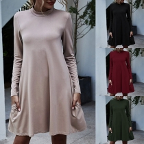 Fashion Solid Color Long Sleeve Mock Neck Dress