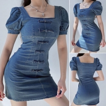 Retro Style Short Sleeve Square Collar Slim Fit Denim Dress