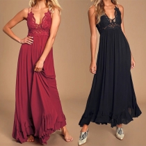Sexy Backless V-neck Ruffle Hem Lace Spliced Sling Dress