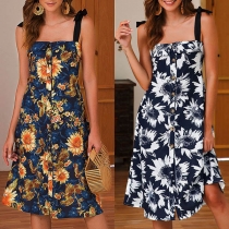 Sexy Backless Single-breasted Sunflower Printed Sling Dress