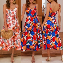Sexy Backless V-neck High Waist Printed Sling Dress