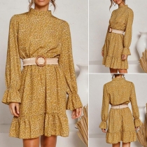 Sweet Style Long Sleeve Mock Neck Ruffle Hem Printed Dress
