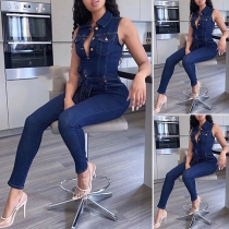 Fashion Sleeveless POLO Collar High Waist Slim Fit Denim Jumpsuit