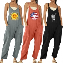 Söt stil ärmlös rund hals hög midja blommönstrad jumpsuit overall