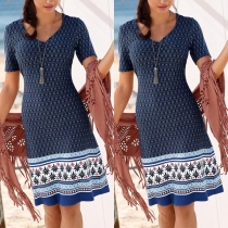 Bohemian Style Short Sleeve V-neck Printed Dress