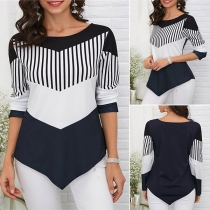 Fashion Contrast Color Long Sleeve Round Neck Irregular Hem T-shirt