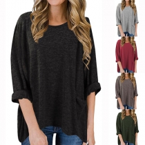 Fashion Solid Color Long Sleeve Round Neck Loose T-shirt