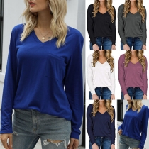 Fashion Solid Color Long Sleeve V-neck T-shirt