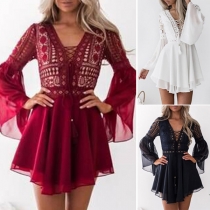 Sexy Lace Spliced Trumpet Sleeve V-neck High Waist Dress
