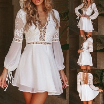 Sexy Backless V-neck Gauze Spliced Long Sleeve High Waist Dress