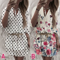 Fashion Long Sleeve V-neck Ruffle Hem Printed Dress