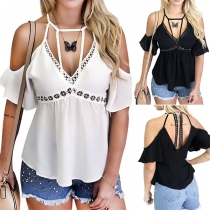 Sexy Off-shoulder Lotus Sleeve V-neck Solid Color Sling Top