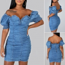Sexy Off-shoulder Boat Neck Puff Sleeve Slim Fit Denim Dress