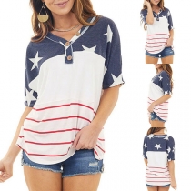 Fashion Striped Pentagram Printed Short Sleeve V-neck T-shirt