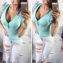 Fashion Solid Color Zipper V-neck Lace Spliced T-shirt