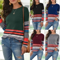 Fashion Striped Spliced Long Sleeve Round Neck T-shirt