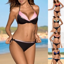 Sexy Low-waist Contrast Color Lace-up Halter Bikini Set