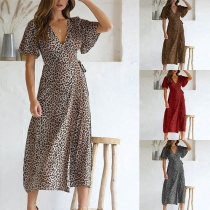 Sexy V-neck Lotus Sleeve Leopard Printed Dress