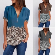 Fashion Printed Spliced Short Sleeve Zipper V-neck Top