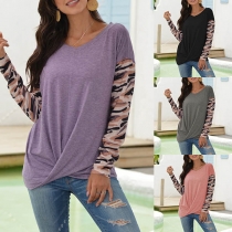 Fashion Camouflage Spliced Long Sleeve Round Neck Crossover Hem T-shirt