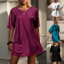 Simple Style Short Sleeve Round Neck Solid Color Loose T-shirt Dress