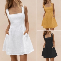 Sexy Backless Square Collar High Waist Solid Color Dress