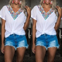 Ethnic Style Short Sleeve V-neck Embroidered T-shirt