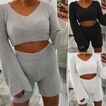 Sexy Trumpet Sleeve V-neck Plush Crop Top + Shorts Two-piece Set