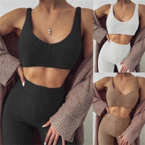 Sexy Sleeveless Plush Crop Top + High Waist Pants Two-piece Set