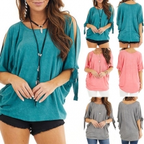 Fashion Solid Color Short Sleeve Round Neck Off-shoulder T-shirt