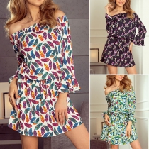 Sexy Off-shoulder Boat Neck Trumpet Sleeve Printed Dress