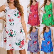 Fashion Lace Spliced Sleeveless Round Neck Printed Dress