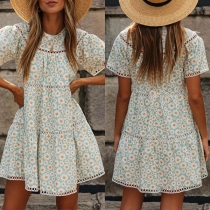 Fresh Style Short Sleeve Round Neck Daisy Printed Dress