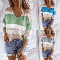 Fashion Contrast Color 3/4 Sleeve V-neck Knit Top