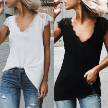 Fashion Lace Spliced Sleeveless V-neck Solid Color T-shirt