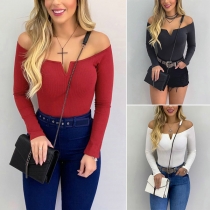 Sexy Off-shoulder Boat Neck Long Sleeve Solid Color Slim Fit Top
