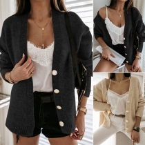 Fashion Solid Color Long Sleeve V-neck Knit Cardigan