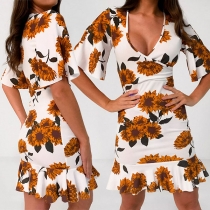 Sexy V-neck Short Sleeve Ruffle Hem Slim Fit Printed Dress
