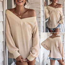 Fashion Solid Color Long Sleeve V-neck Loose T-shirt