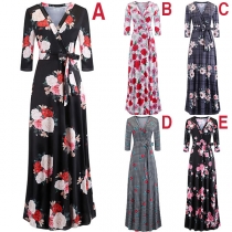 Sexy V-neck 3/4 Sleeve High Waist Printed Maxi Dress
