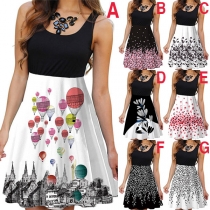 Fashion Sleeveless Round Neck Printed Spliced Dress