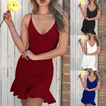 Sexy Backless V-neck Ruffle Hem Solid Color Slim Fit Sling Dress