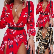 Sexy Deep V-neck Slit Hem Long Sleeve Printed Dress