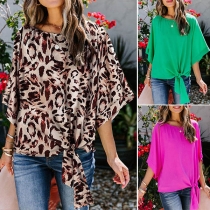Fashion 3/4 Trumpet Sleeve Round neck Lace-up Hem Loose Top