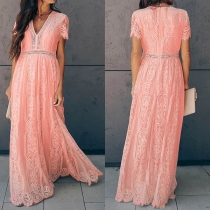 Sexy V-neck Short Sleeve High Waist Lace Party Dress