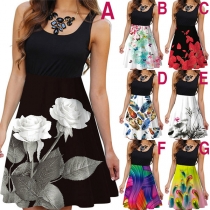 Fashion Sleeveless Round Neck High Waist Printed Spliced Dress
