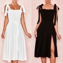 Sexy Backless Slit Hem Solid Color Sling Dress