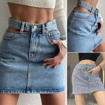 Fashion High Waist Slim Fit Side Hollow Out Denim Skirt